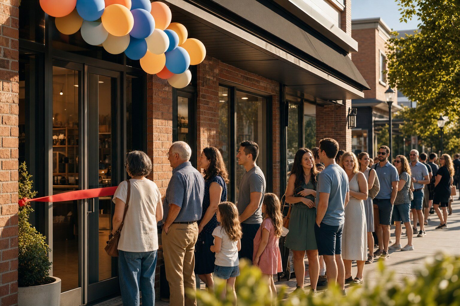 Customers lined up along the sidewalk outside a new shop on opening morning, ribbon across the door and balloons above the entry