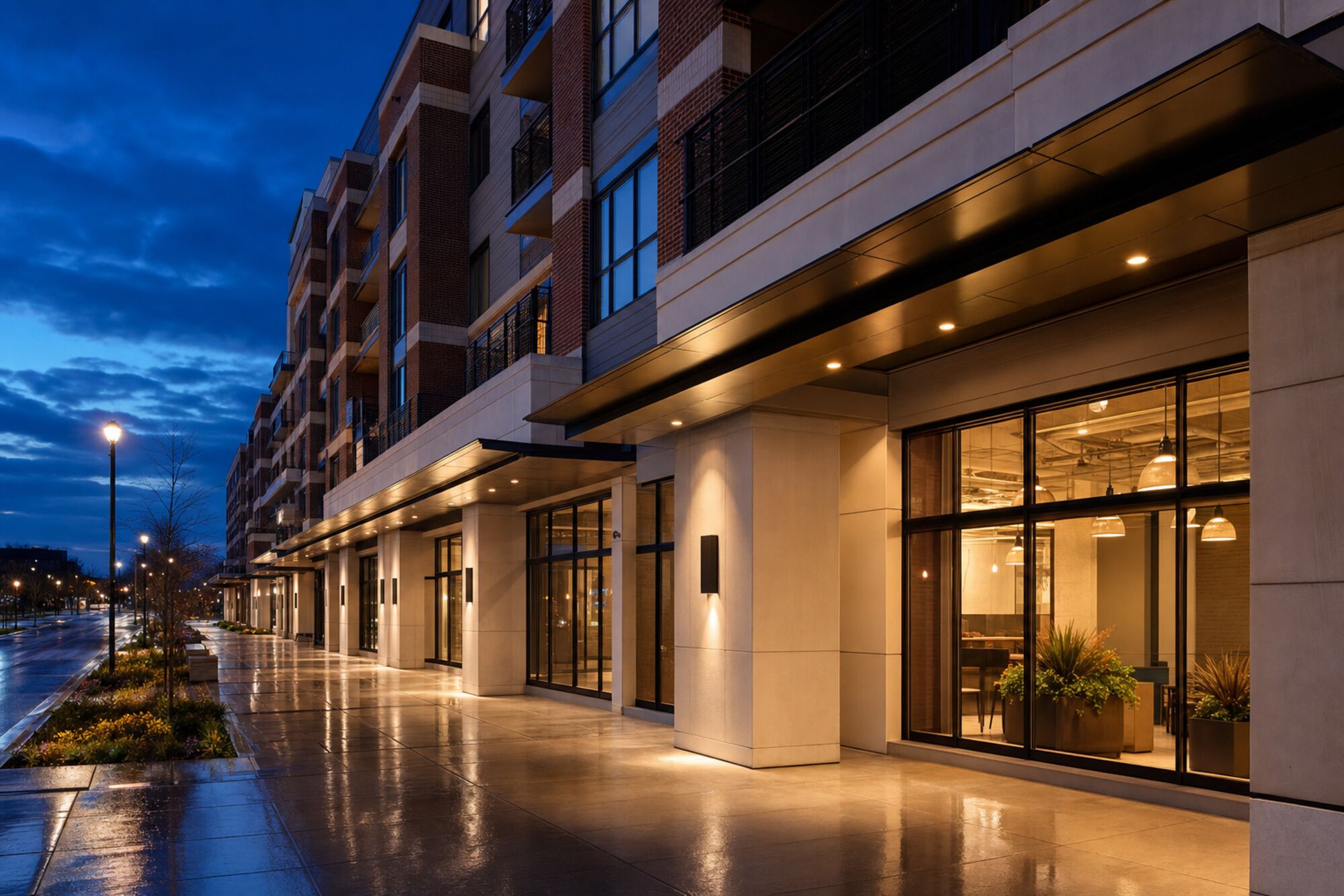 Mixed-use retail development at dusk with lit storefronts along a colonnade