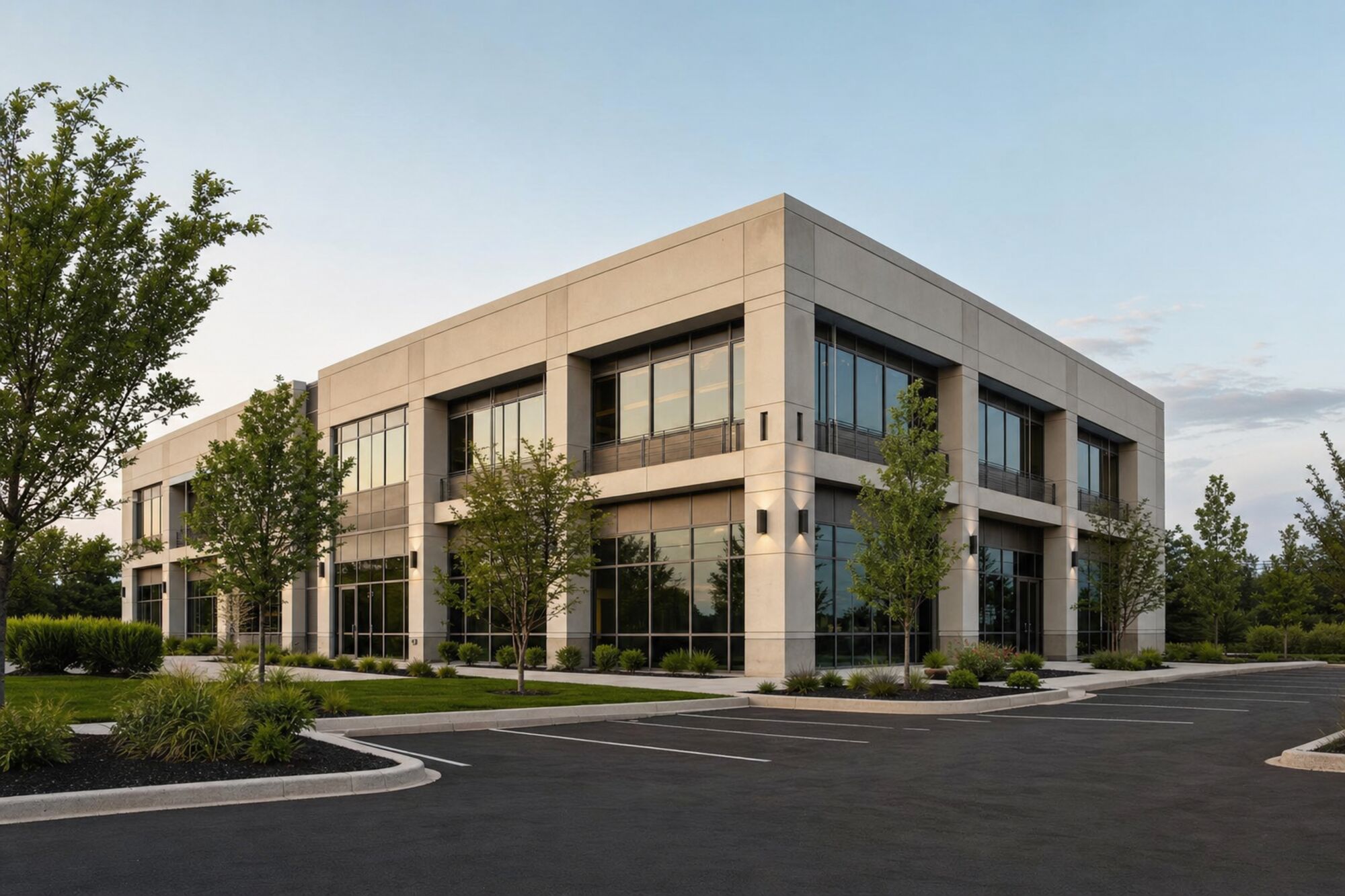 Two-story mixed-use commercial building with glass storefronts and landscaped parking