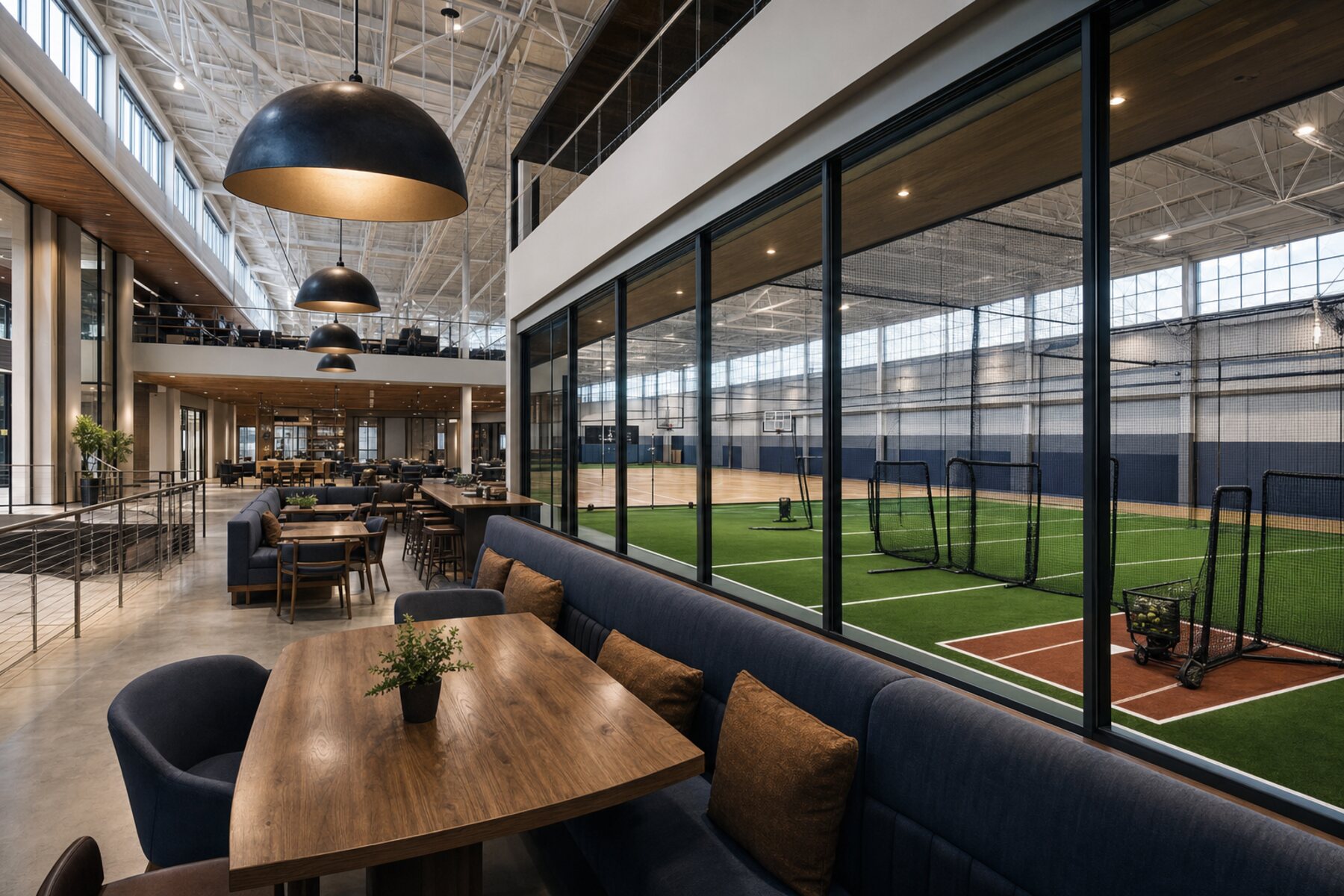 Clubhouse lounge inside an indoor training hub, looking through glass onto netted skill lanes and a hardwood court